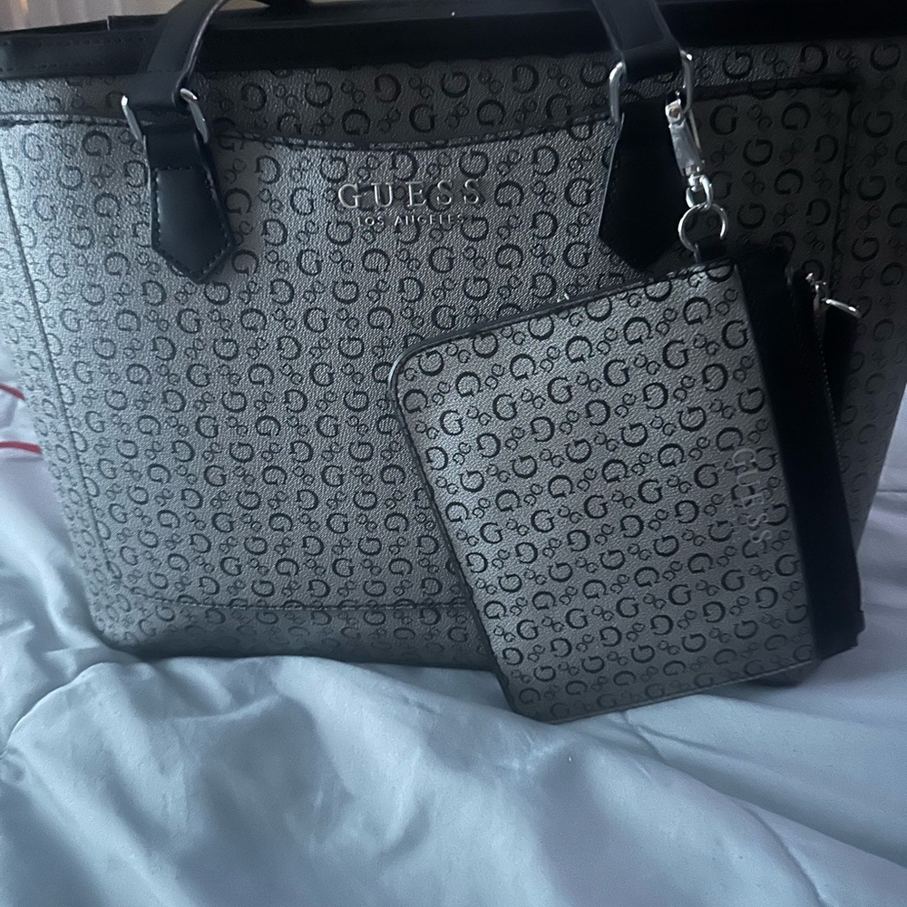 GUESS Black and Gray Monogram Tote with Pouch